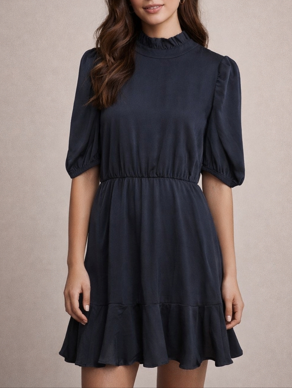 THML Black Flutter Mock Neck Puff Sleeve Mini Dress Women's Medium LBD Coquette